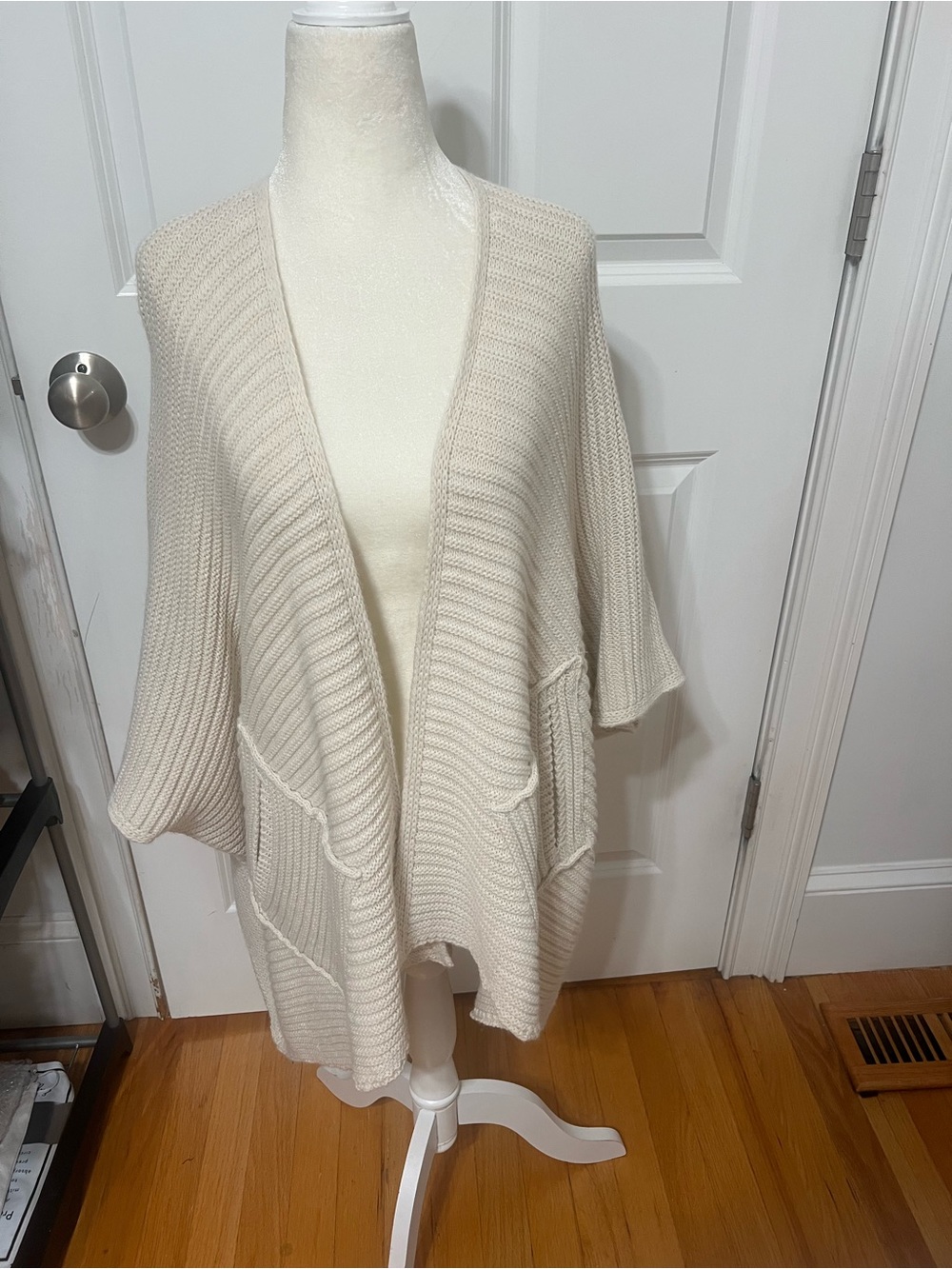 Open-Front Cream Ribbed Knit Cardigan with Pockets